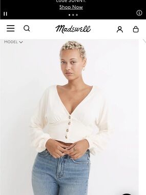 Madewell Ivory Button-Front V-Neck Long-Sleeve Top